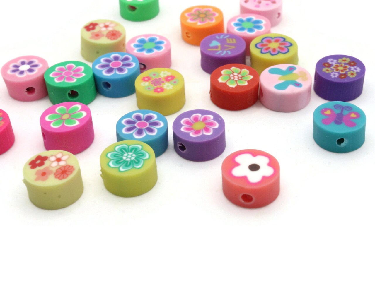 25 10mm Mixed Color Flower Polymer Clay Multi-Color Coin Beads